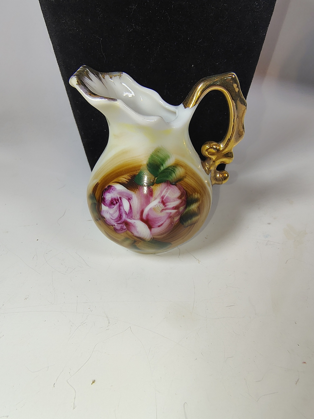 Vintage Hand Painted Floral Porcelain Creamer Pitcher Gold Gilt Mini Vase